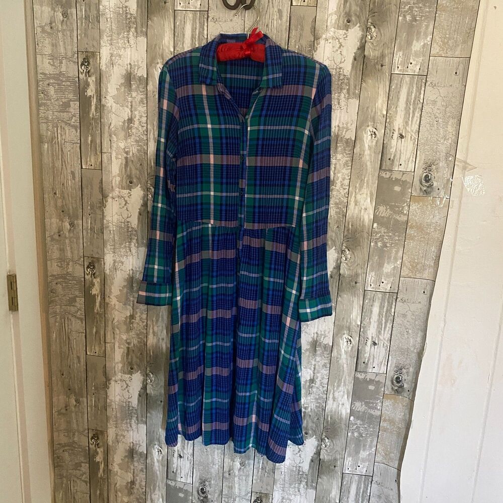 Old Navy blue and green plaid long sleeve button down dress S